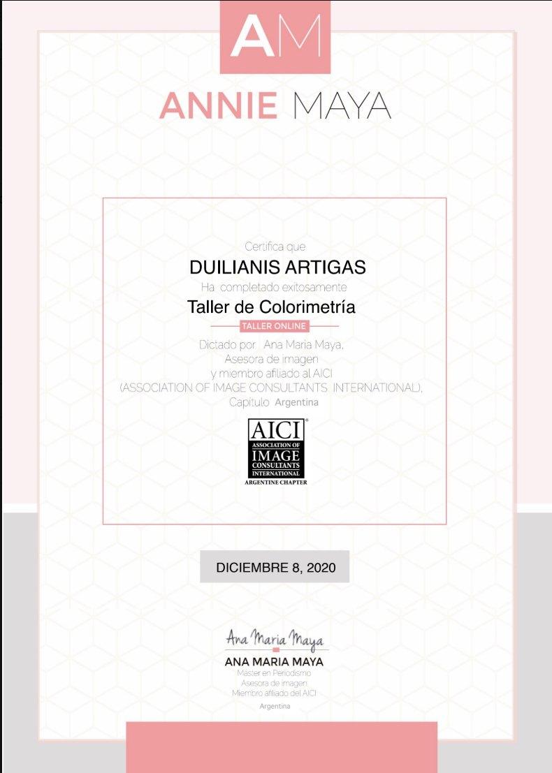 Constancia de Duilianis Artigas por completar el Taller de Colorimetría de Annie Maya, dictado por Ana María Maya